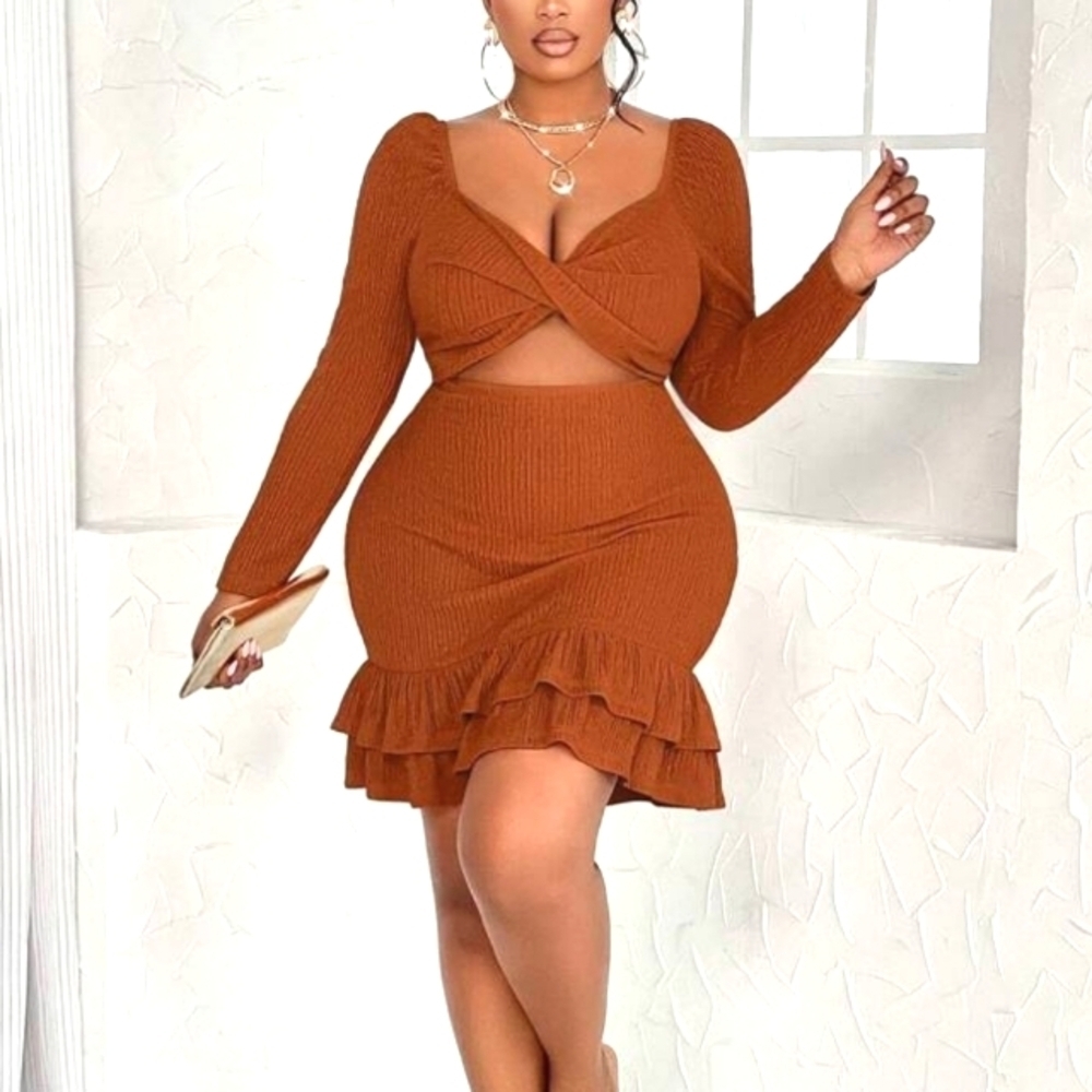 Elegant Brown Ruffle Dress Sz 3x
